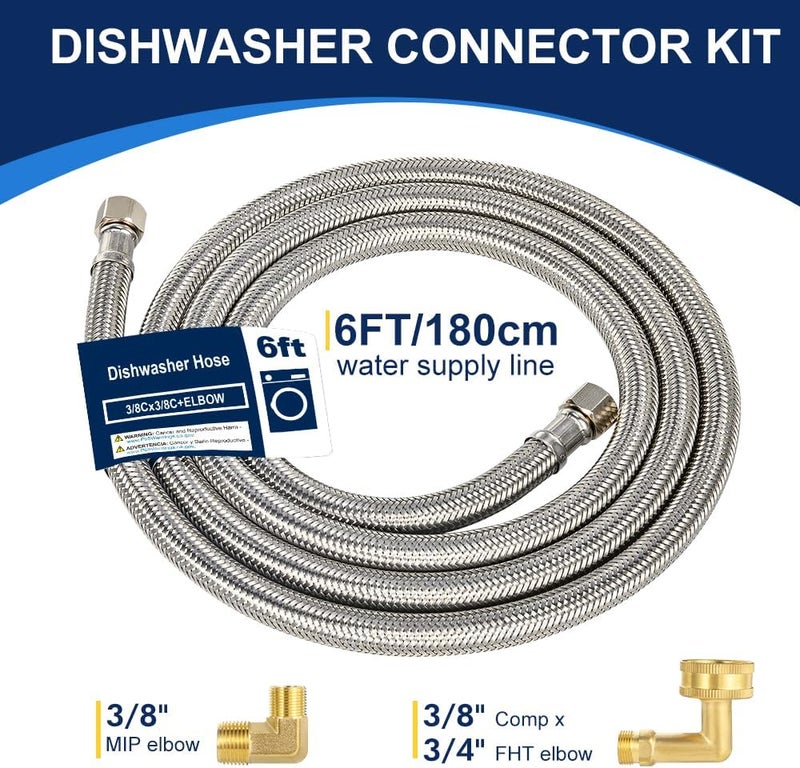 PLUMBINGMASTER 6FT Dishwasher Hose with Elbow – Stainless Steel Braided Supply Line, 3/8" Compression to 3/8" Elbow, Universal Fit, Burst Proof, NSF/Lead-Free Certified, 10-Year Warranty - Image 2